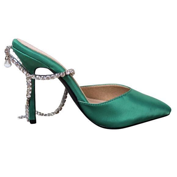 Azalea Wang Ashley Stiletto Heels 6 Green Rhinestone Ankle Strap Pointed Toe - Picture 2 of 10